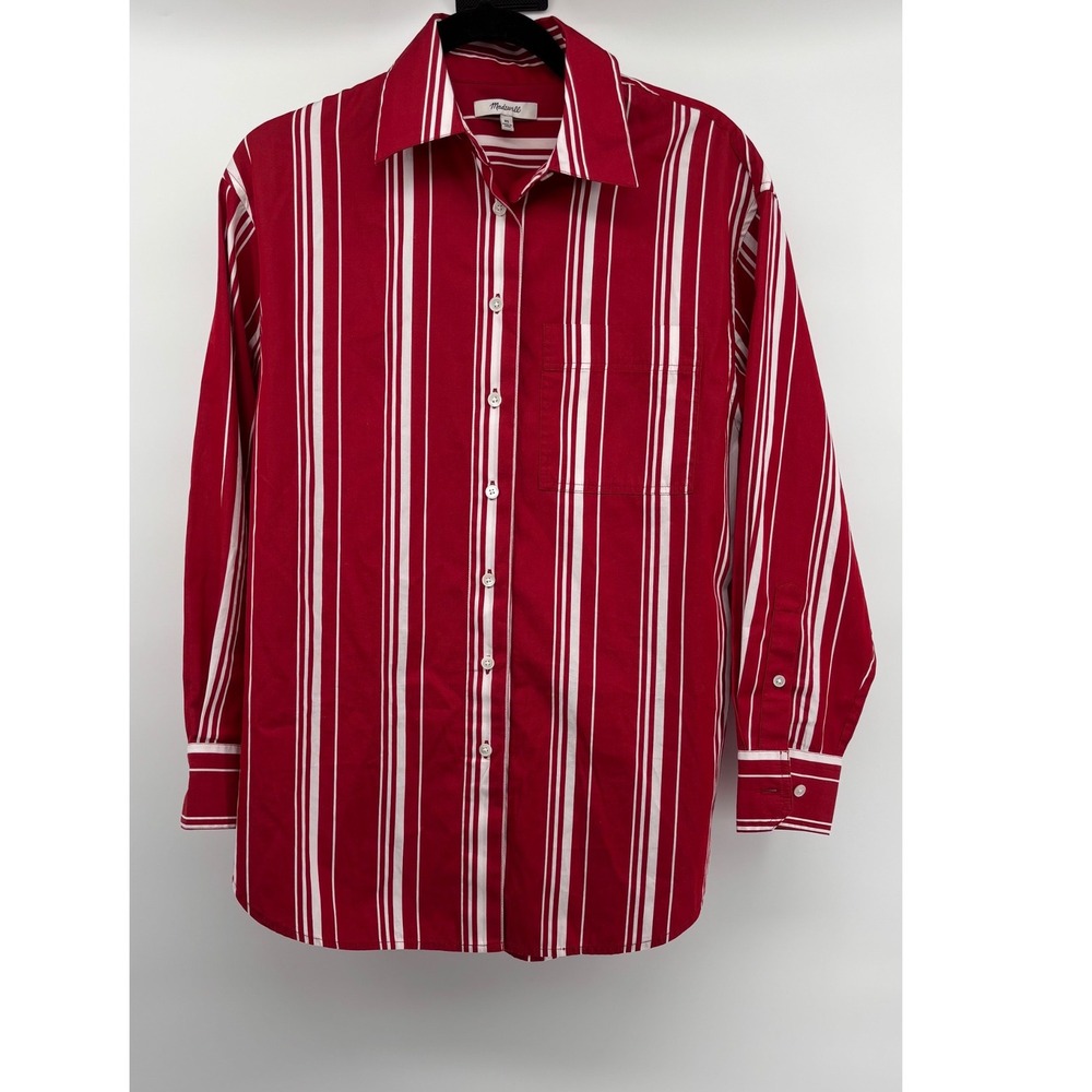 Madewell Womens XS Red White Striped Cotton Button Down Long Sleeve Shirt Top